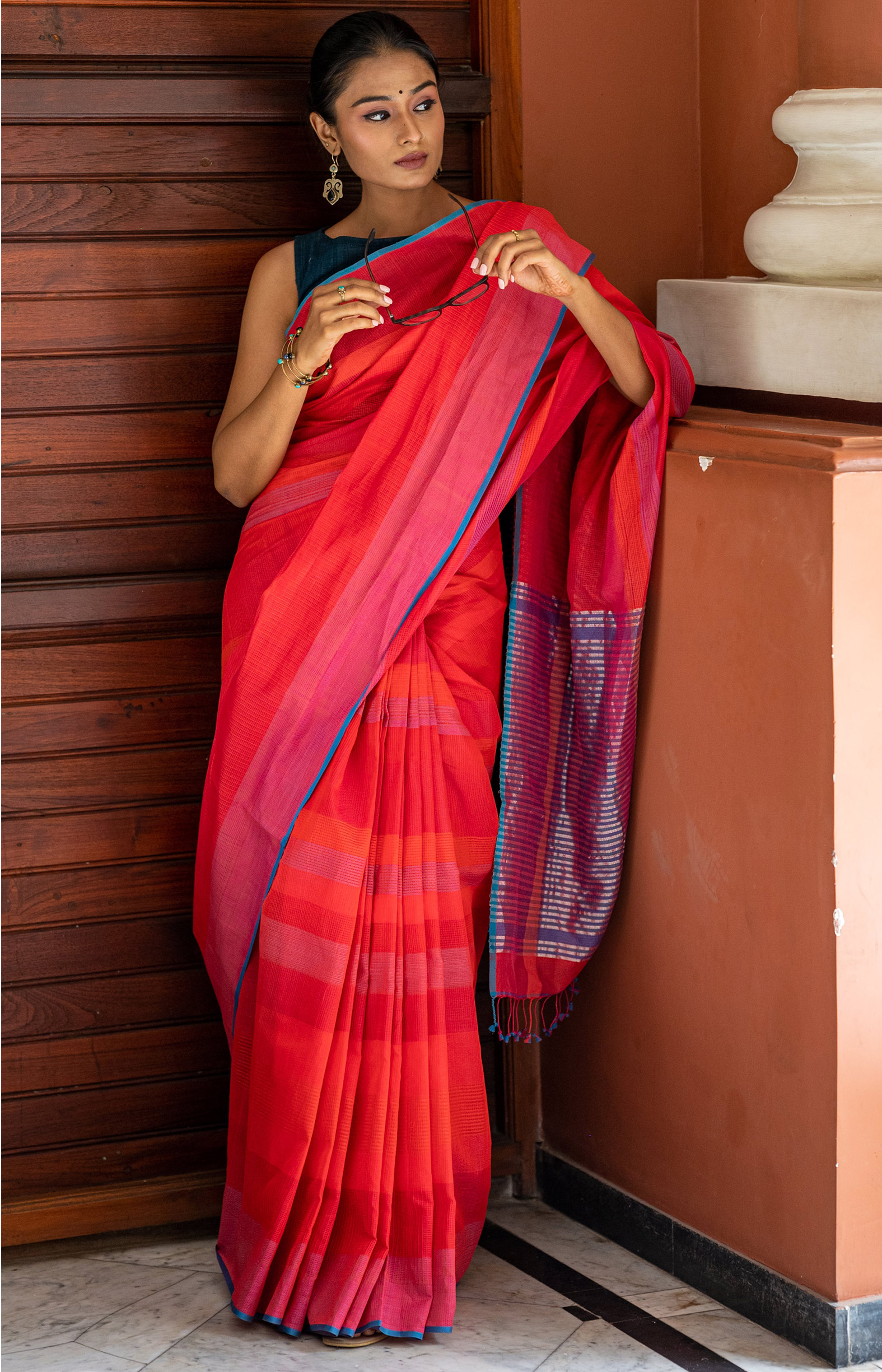 Red, Handwoven Organic Cotton, Multi Textured Weave , Jacquard, Work Wear Saree